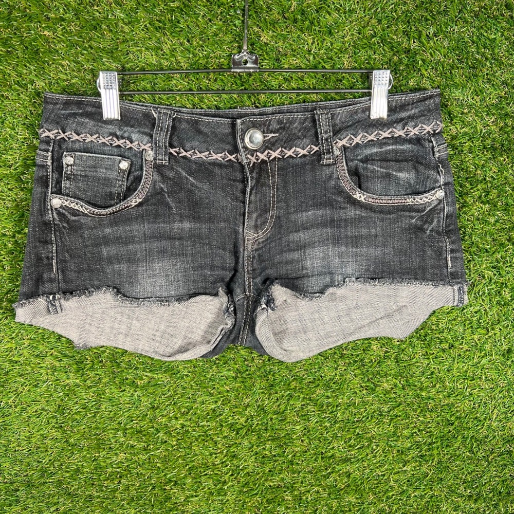 LA Idol Womens Dark Wash Embroidered Rhinestone Denim Shorts Y2K Size L W33